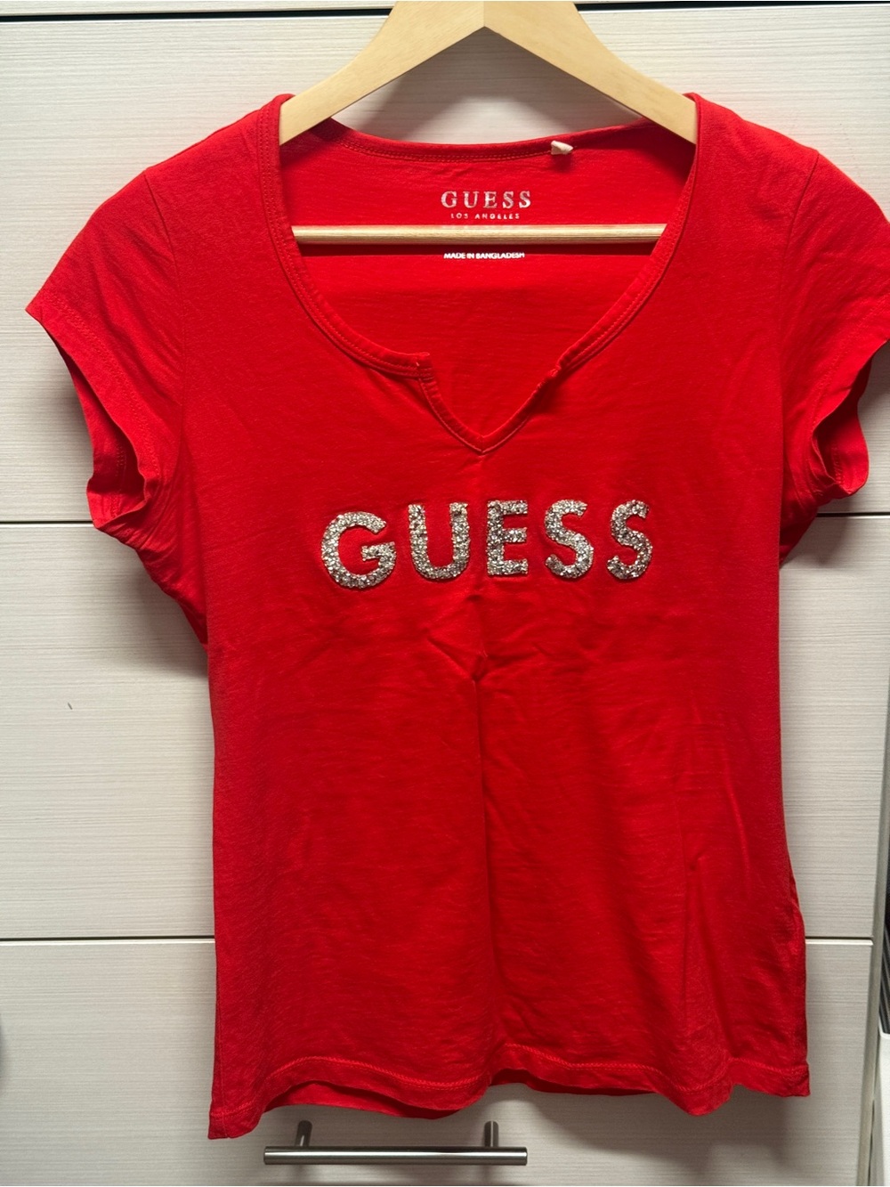 Guess Red Short Sleeve V-Neck Tee with Crystal Logo